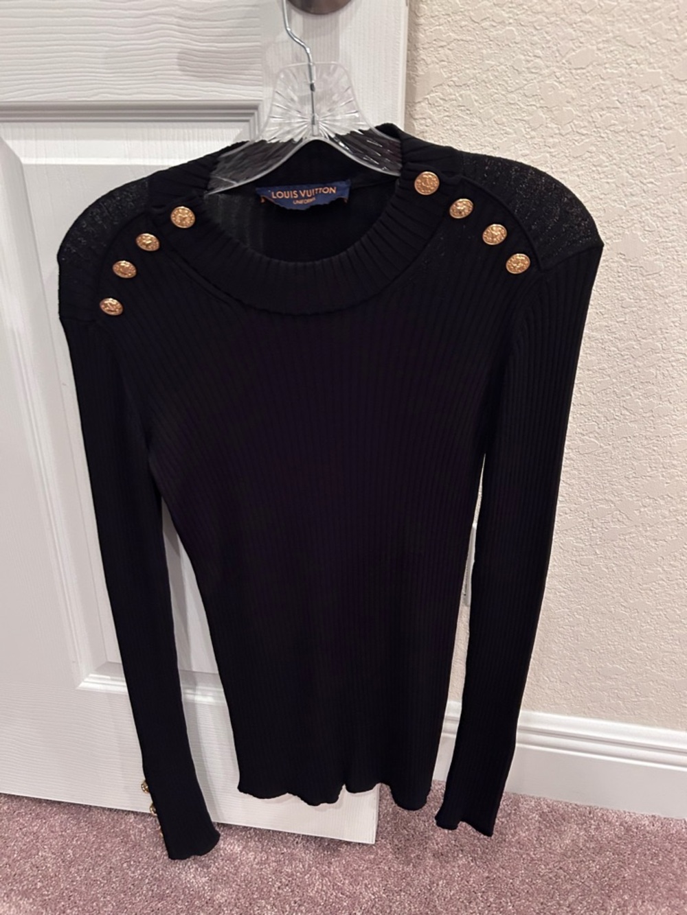 Louis Vuitton Black Ribbed Long Sleeve Top with Gold Medallion Buttons